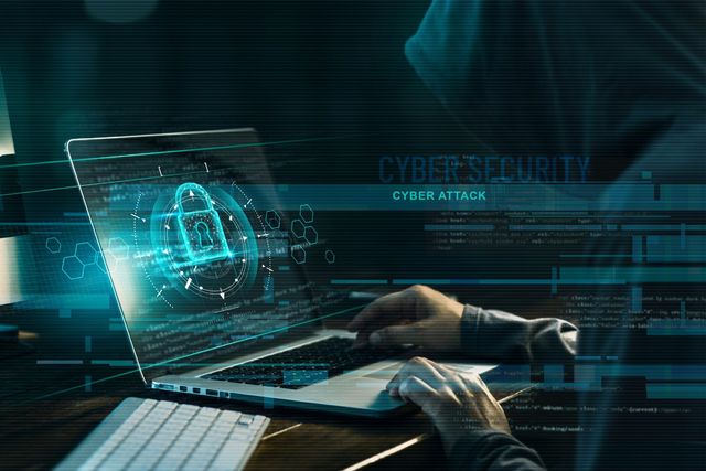 Cyber security concept. Hackers work on a code and network with lock icon on the digital interface virtual screen dark digital background.